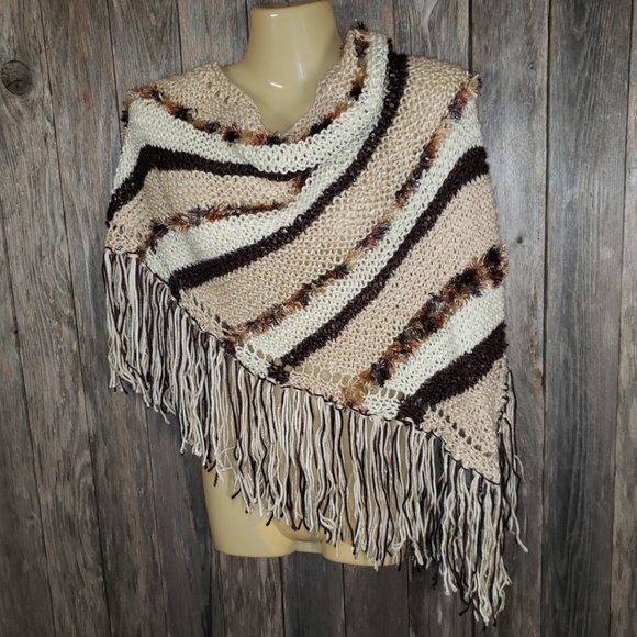 Beige Brown Hand Knitted Shawl Scarf Wrap Boho New - Picture 5 of 9